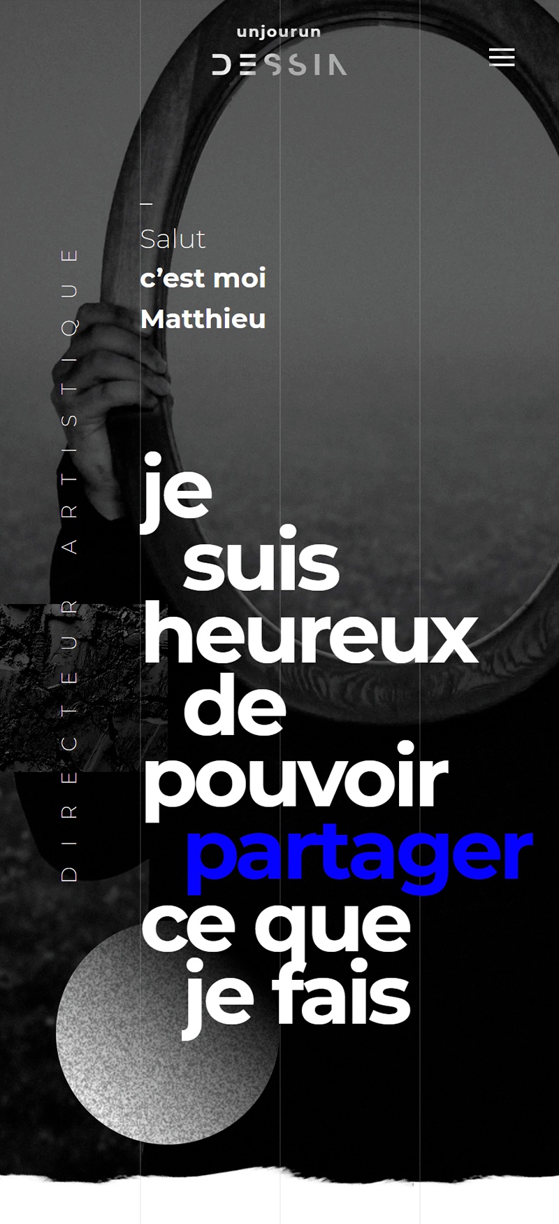 Un Jour Un Dessin - Screenshot of the mobile development of Matthieu Bolufer's WordPress site from Creano, custom-developed by Eric Huguenin