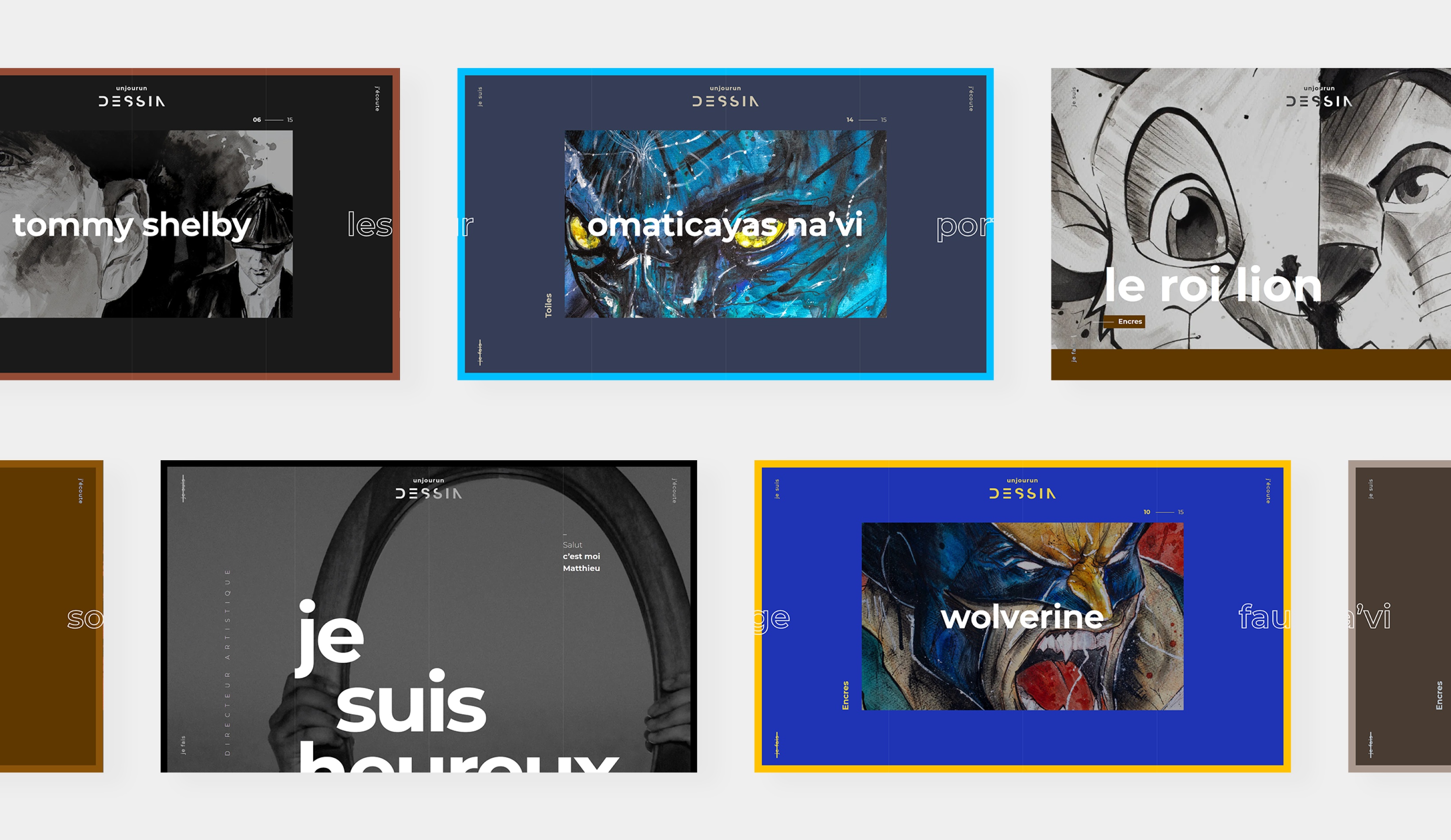 Un Jour Un Dessin - Patchwork of screenshots of the site developed for Matthieu Bolufer from Creano