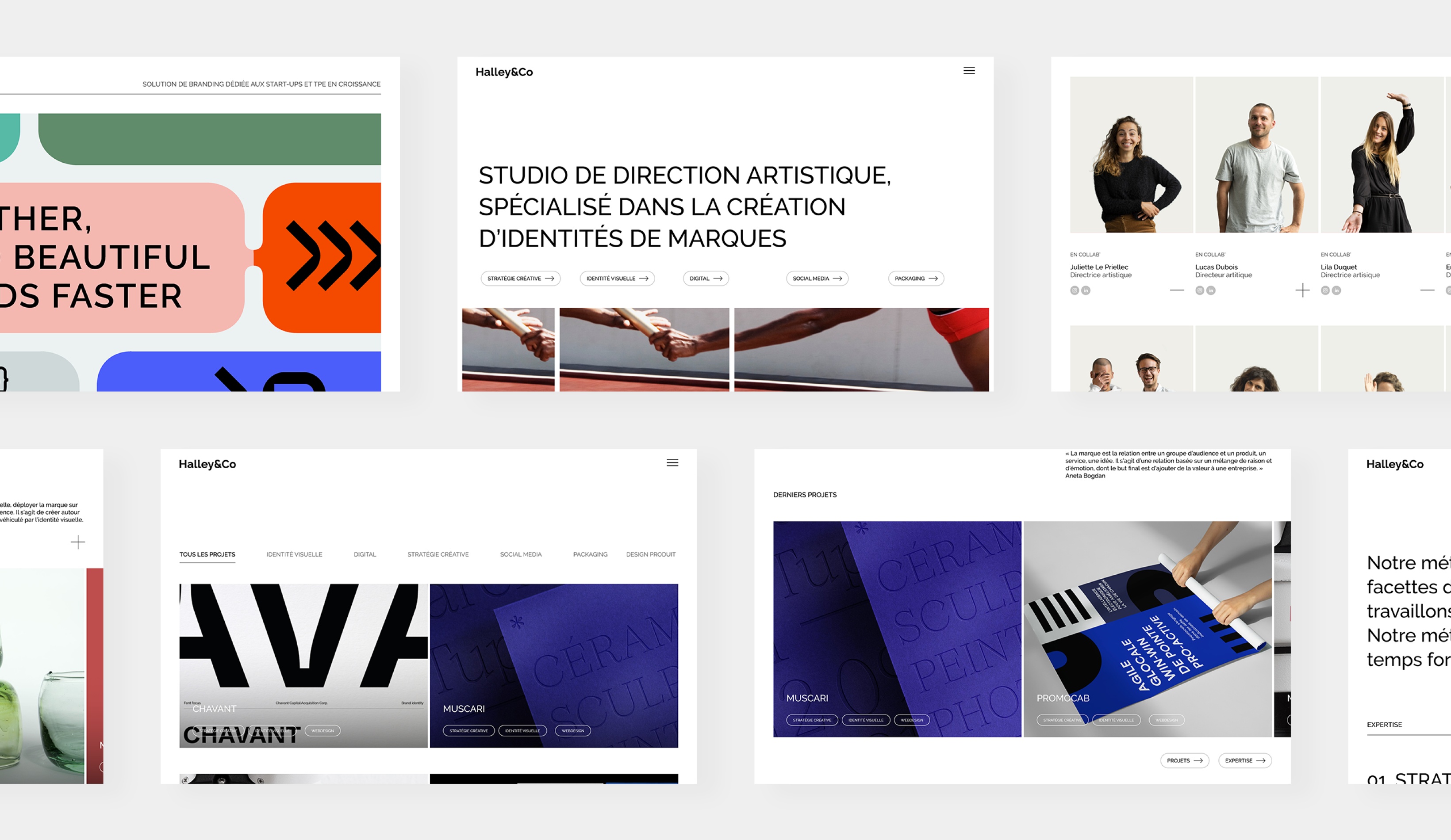 Halley&Co - Patchwork of screenshots of the site developed for Halley&Co, created on Wordpress by Eric Huguenin